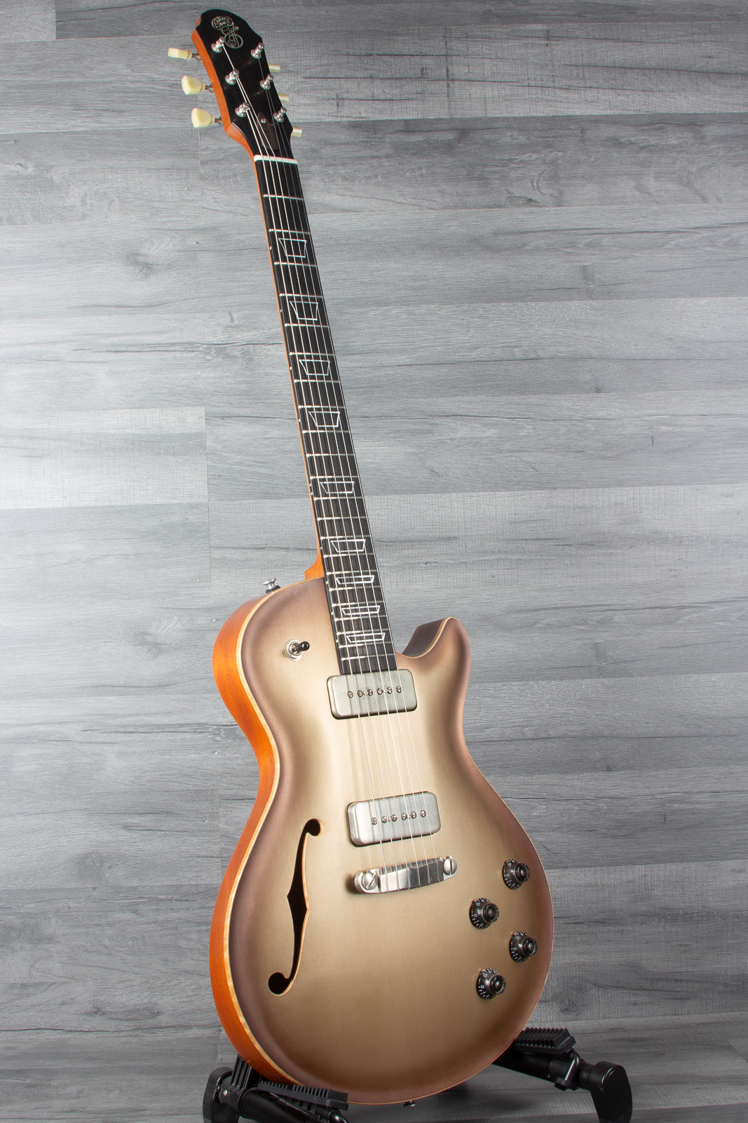 Patrick James Eggle Macon Carved Top Electric Guitar (#31150), Sunburst over Shoreline Gold, Dual P90 Pickups