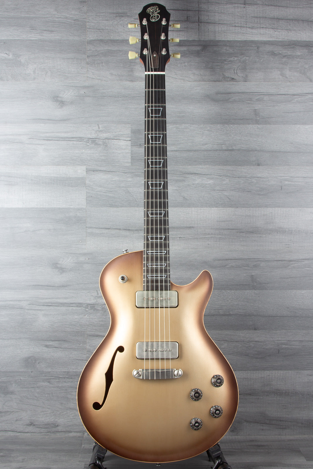 Patrick James Eggle Macon Carved Top Electric Guitar (#31150), Sunburst over Shoreline Gold, Dual P90 Pickups