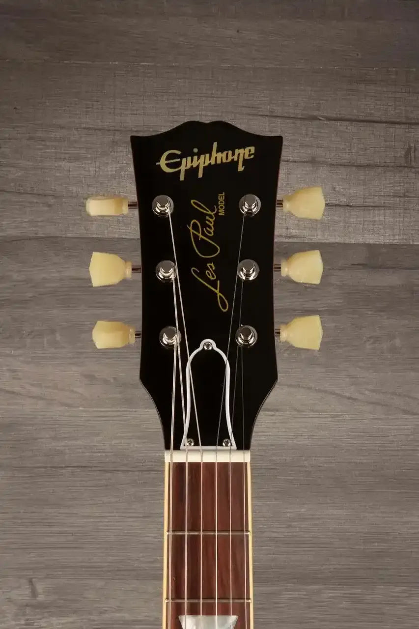 Epiphone 1957 Les Paul Goldtop Reissue guitar headstock with tuning pegs and rosewood fingerboard.