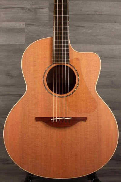 Lowden F-35C Quilted Mahogany / Buckskin Redwood acoustic guitar front view with intricate wood details.