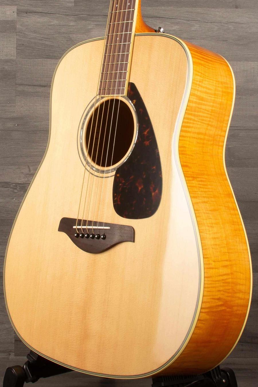 Yamaha FG840 Acoustic Guitar - Natural showcasing its superb scalloped bracing and elegant design.
