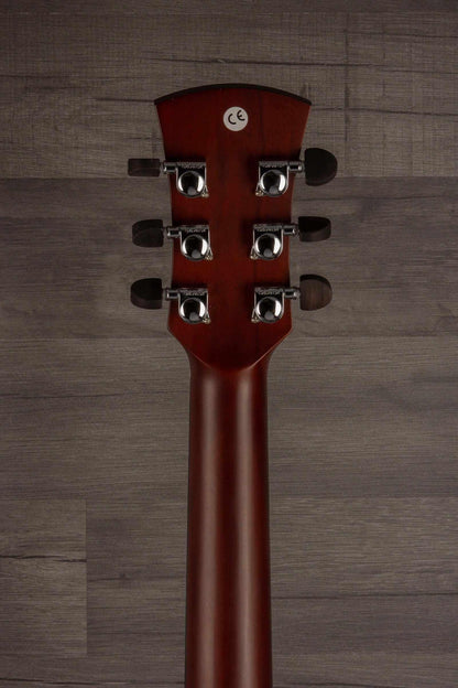Faith BLUE MOON Series Mercury E Scoop Inc Case guitar headstock with tuning pegs and natural finish.