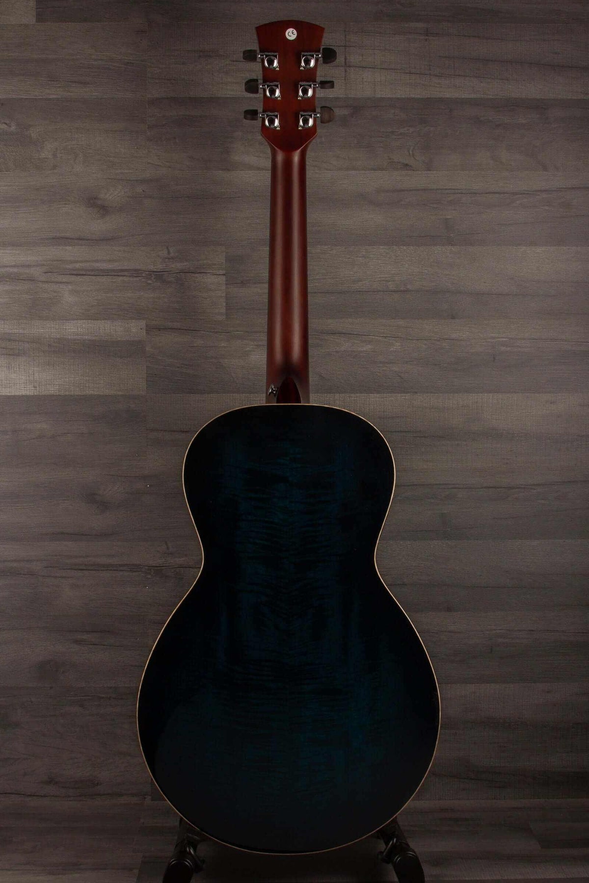 Faith BLUE MOON Series Mercury E Scoop Inc Case back view showcasing unique wood grain and deep blue finish.