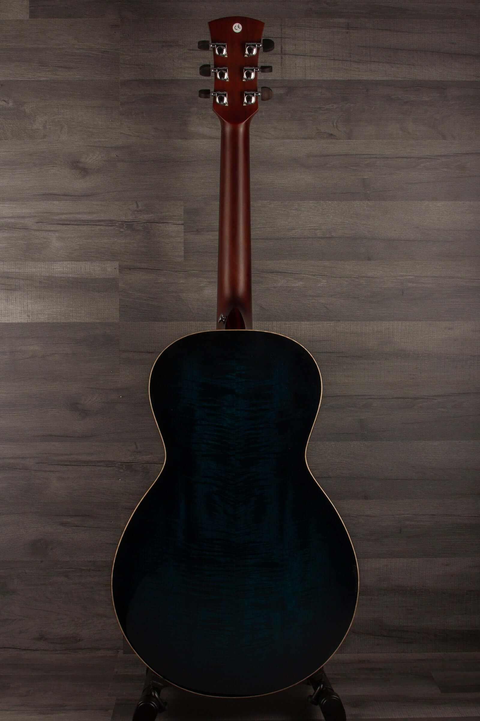 Faith BLUE MOON Series Mercury E Scoop Inc Case back view showcasing unique wood grain and deep blue finish.