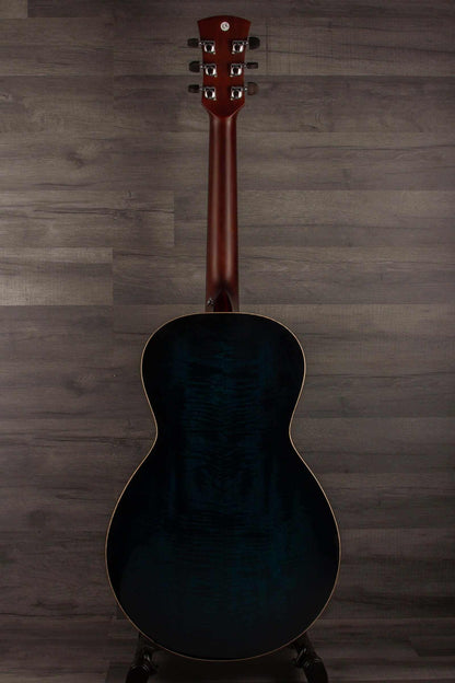 Faith BLUE MOON Series Mercury E Scoop Inc Case back view showcasing unique wood grain and deep blue finish.