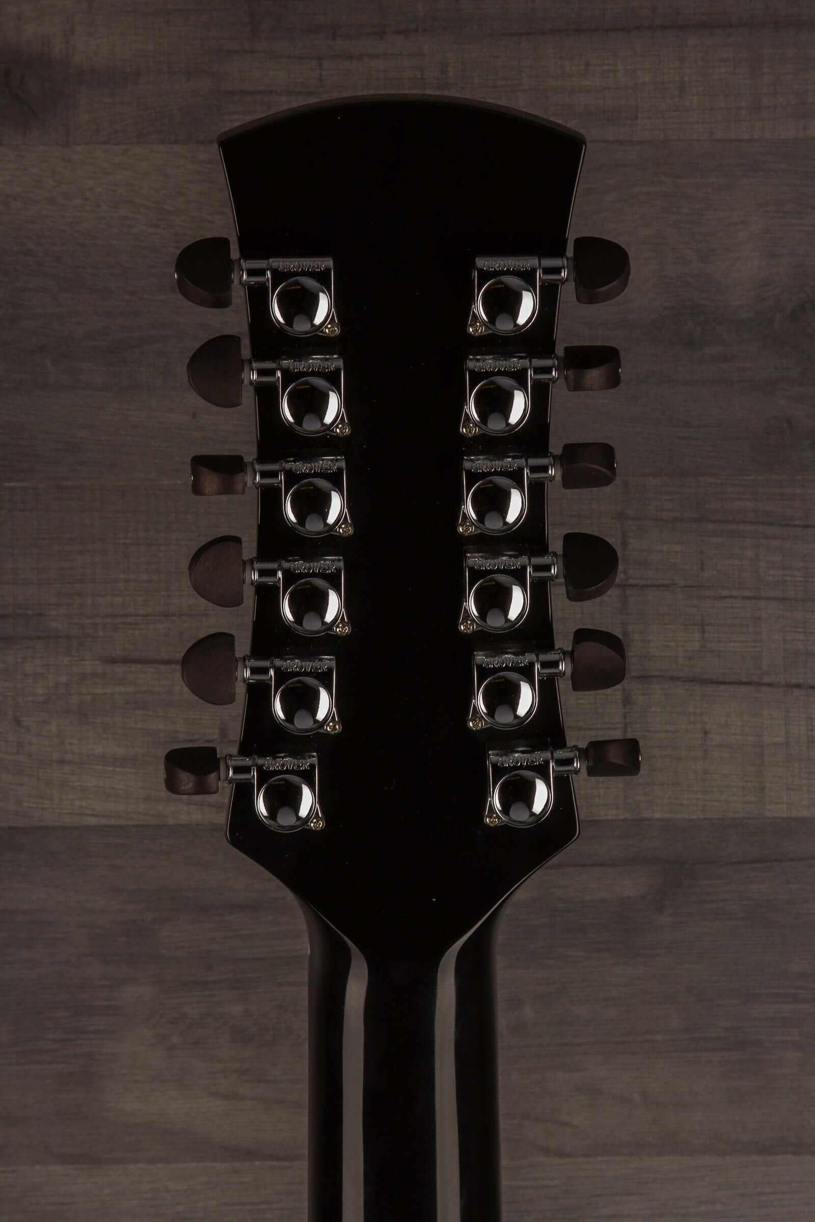 Faith ECLIPSE Series Neptune 12string CE Inc Case guitar headstock showing tuning pegs and sleek design.