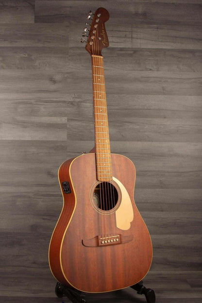Fender Malibu Player special All mahogany guitar displayed against a dark wood background.