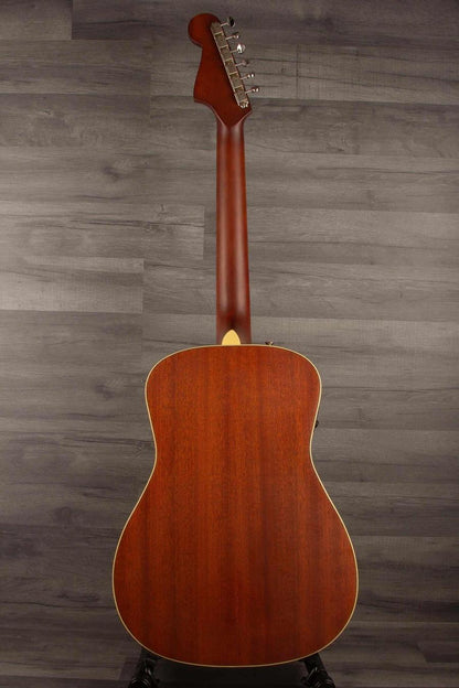 Fender Malibu Player special All mahogany guitar back view showcasing the all-mahogany construction.