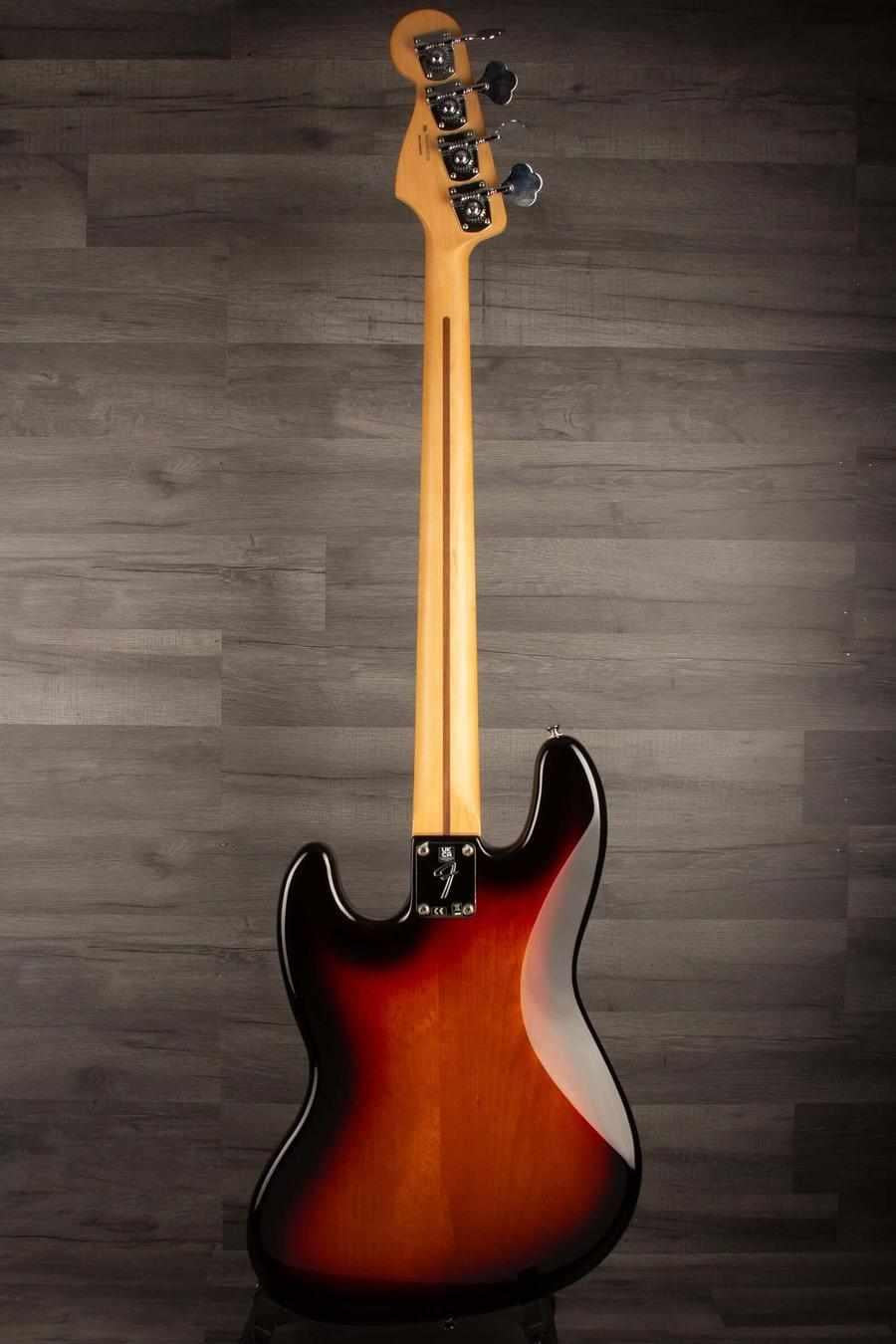 Fender Player Jazz Bass Guitar, Maple neck, 3 tone sunburst rear view showcasing beautiful finish and neck.
