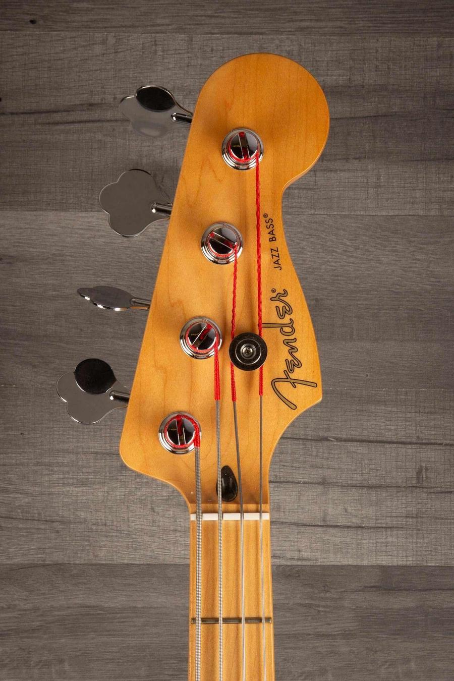 Fender Player Jazz Bass Guitar, Maple neck, 3 tone sunburst headstock and tuning pegs detail