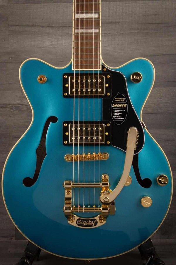 Gretsch G2655TG Streamliner™ Center Block Jr. Double-Cut with Bigsby® LTD, Laurel Fingerboard, Riviera Blue guitar close-up.