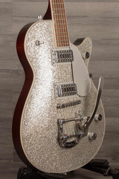 B Stock Gretsch G5230T Electromatic Sparkle Jet with Bigsby in Silver Sparkle finish, showing lacquer crack.