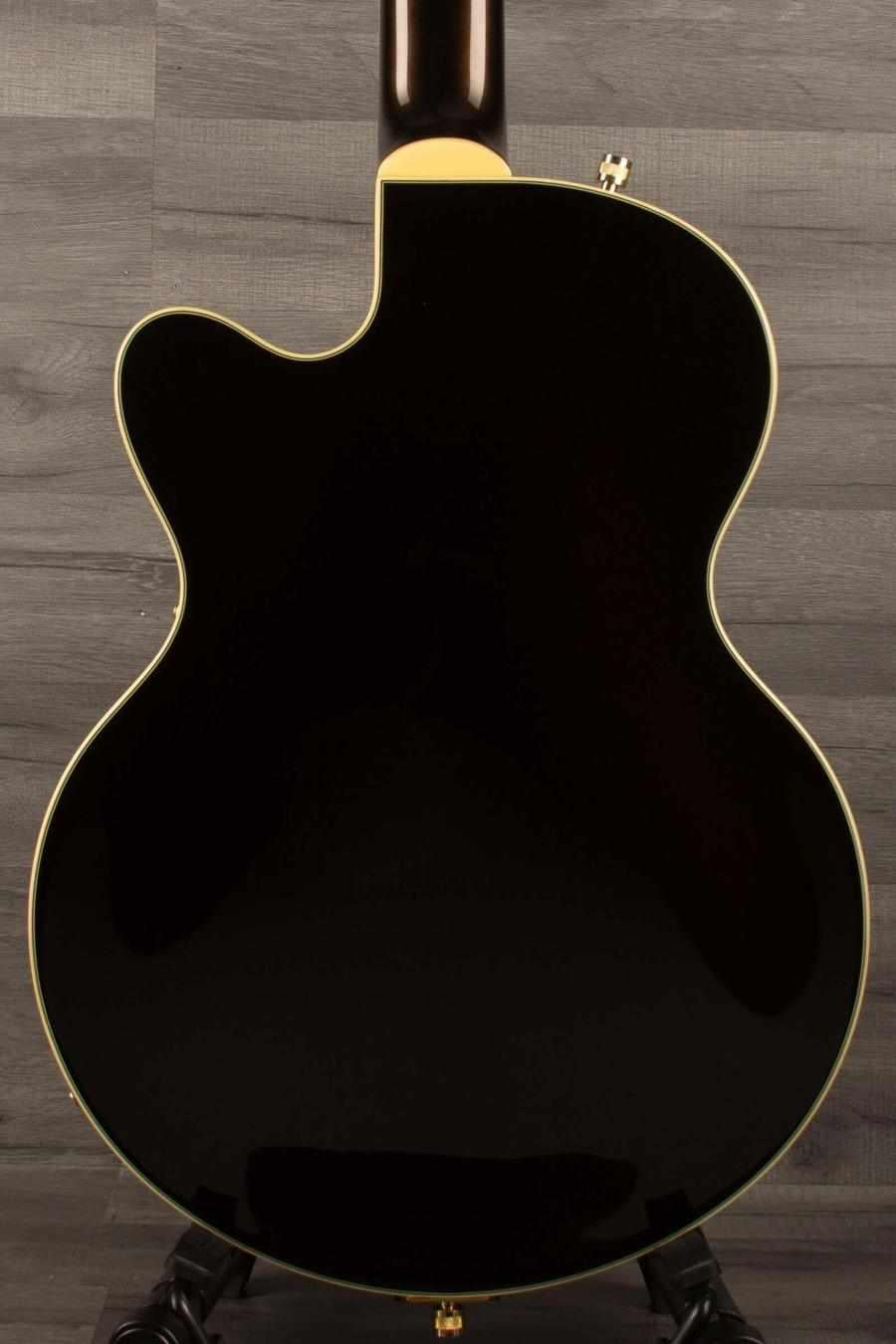 Back view of a used Gretsch G5655TG Electromatic Center Block Jr. guitar, showcasing its glossy black finish.