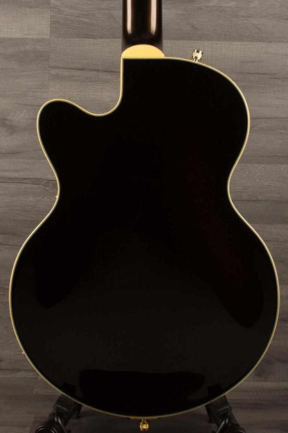 Back view of a used Gretsch G5655TG Electromatic Center Block Jr. guitar, showcasing its glossy black finish.