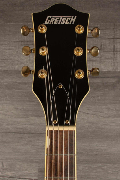 Gretsch G5655TG Electromatic Center Block Jr. guitar headstock with gold hardware, showcasing the classic Gretsch logo.