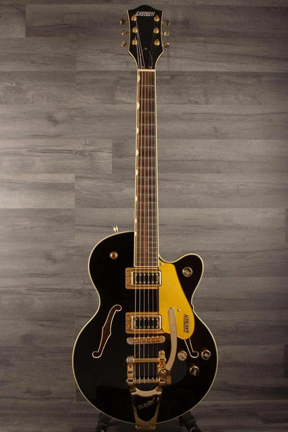 Used Gretsch G5655TG Electromatic Center Block Jr in black with gold hardware, showcasing its iconic design and classic appeal.