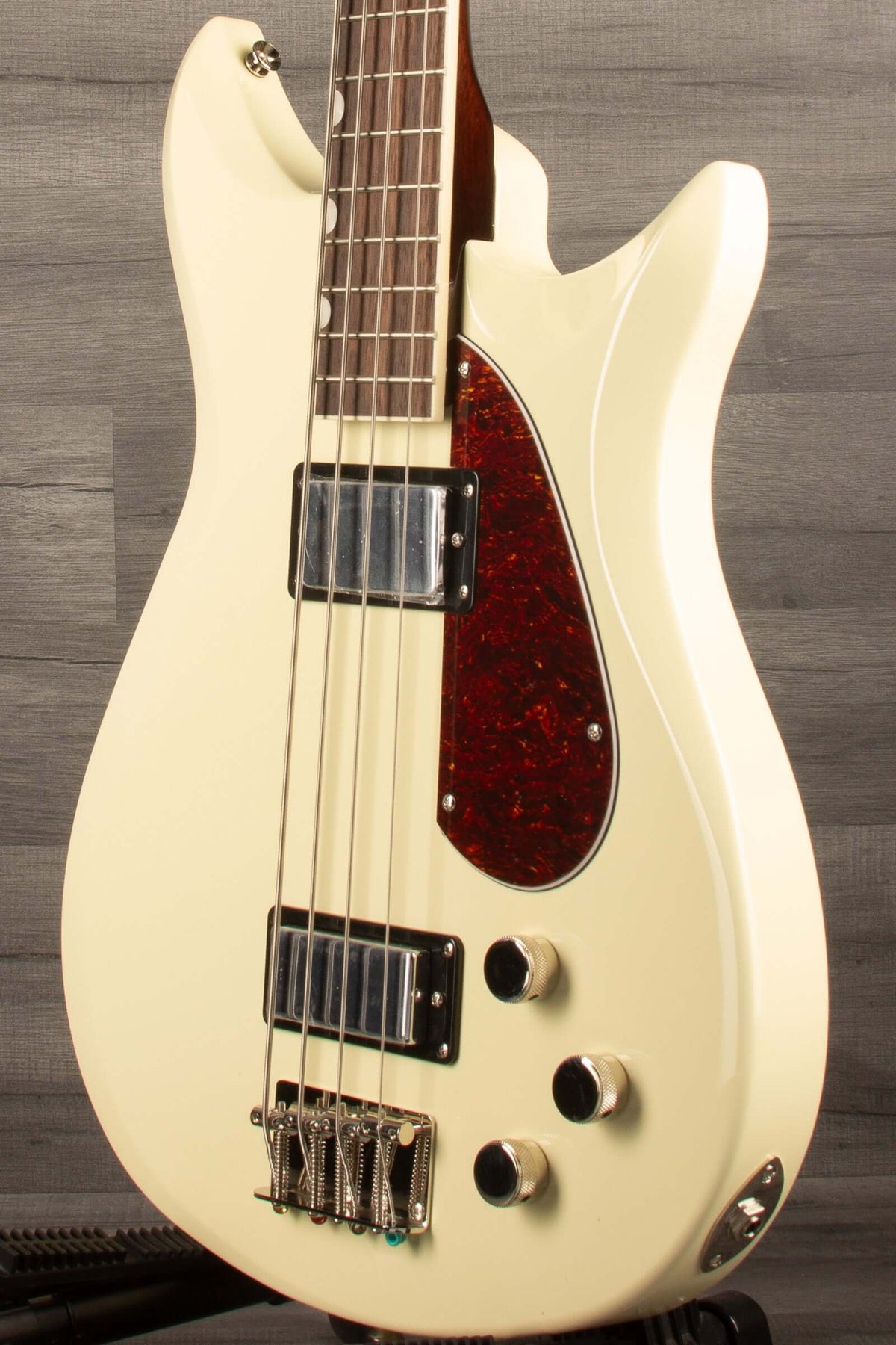 Gretsch   Electromatic® CVT Bass Double-Cut, Laurel Fingerboard, Vintage White image showcasing its sleek design.