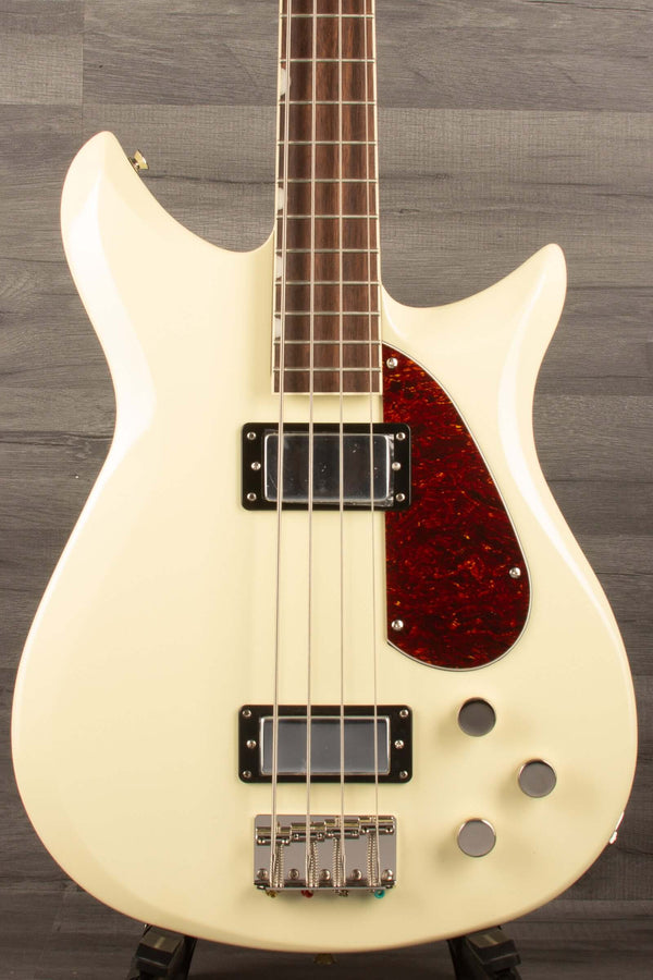 Gretsch Electromatic® CVT Bass Double-Cut, Laurel Fingerboard, Vintage White close-up view.