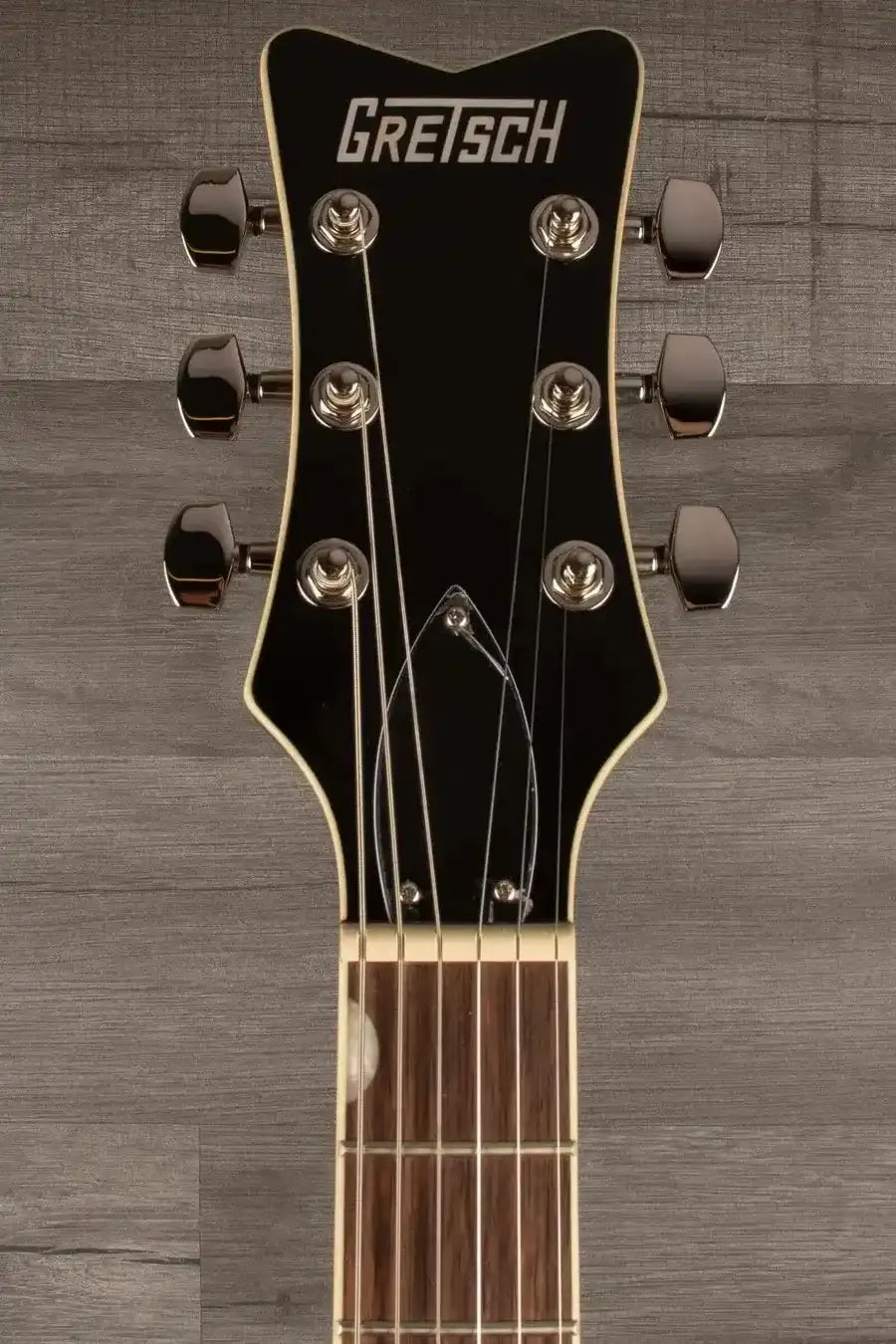 Gretsch Electromatic® CVT Double-Cut with Wraparound, Laurel Fingerboard, Vintage White guitar headstock detail.