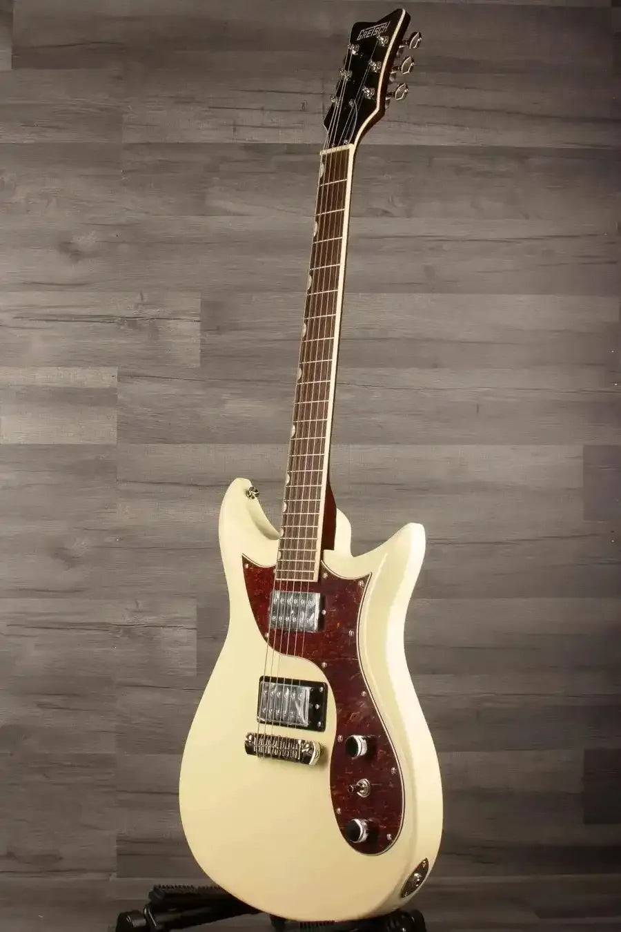 Gretsch  Electromatic® CVT Double-Cut with Wraparound, Laurel Fingerboard, Vintage White guitar side view.