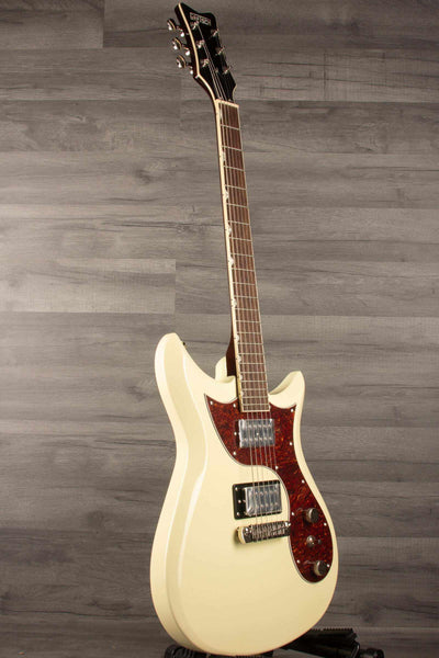 Gretsch Electromatic® CVT Double-Cut with Wraparound, Laurel Fingerboard, Vintage White guitar on display.