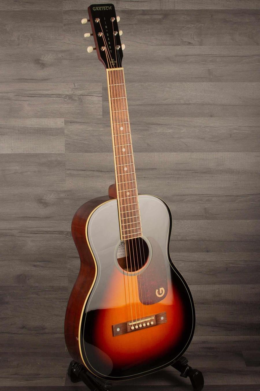 Gretsch Jim Dandy Parlor guitar with walnut fingerboard and deep cherry burst finish.