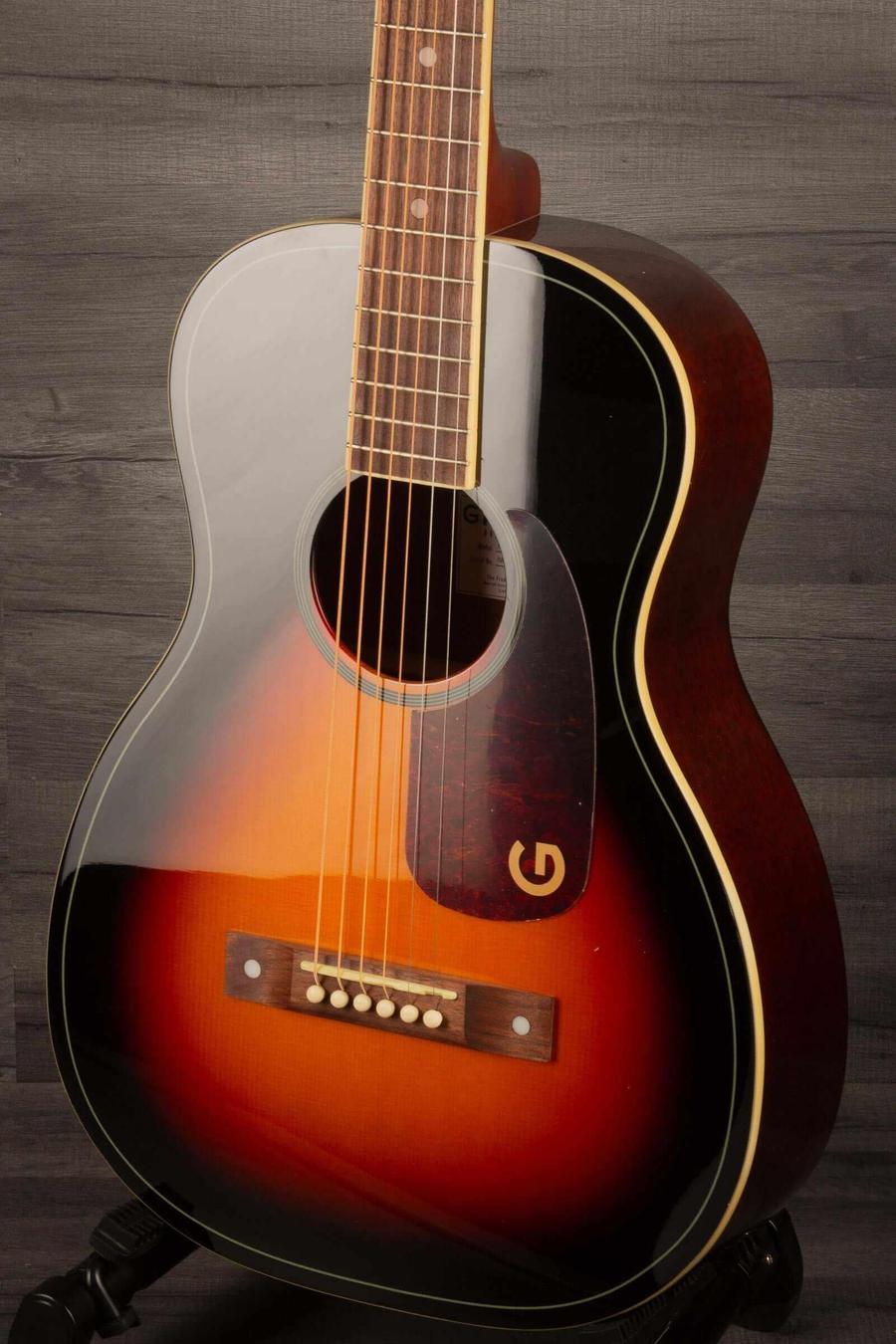 Gretsch Jim Dandy Parlor guitar in deep cherry burst finish with walnut fingerboard and black pickguard.