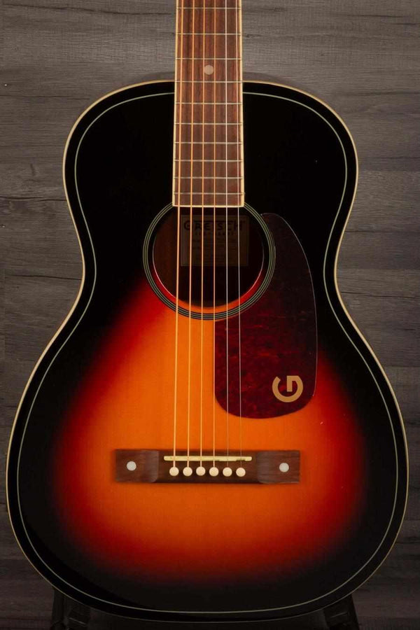Gretsch Jim Dandy Parlor guitar featuring a deep cherry burst finish and black pickguard.