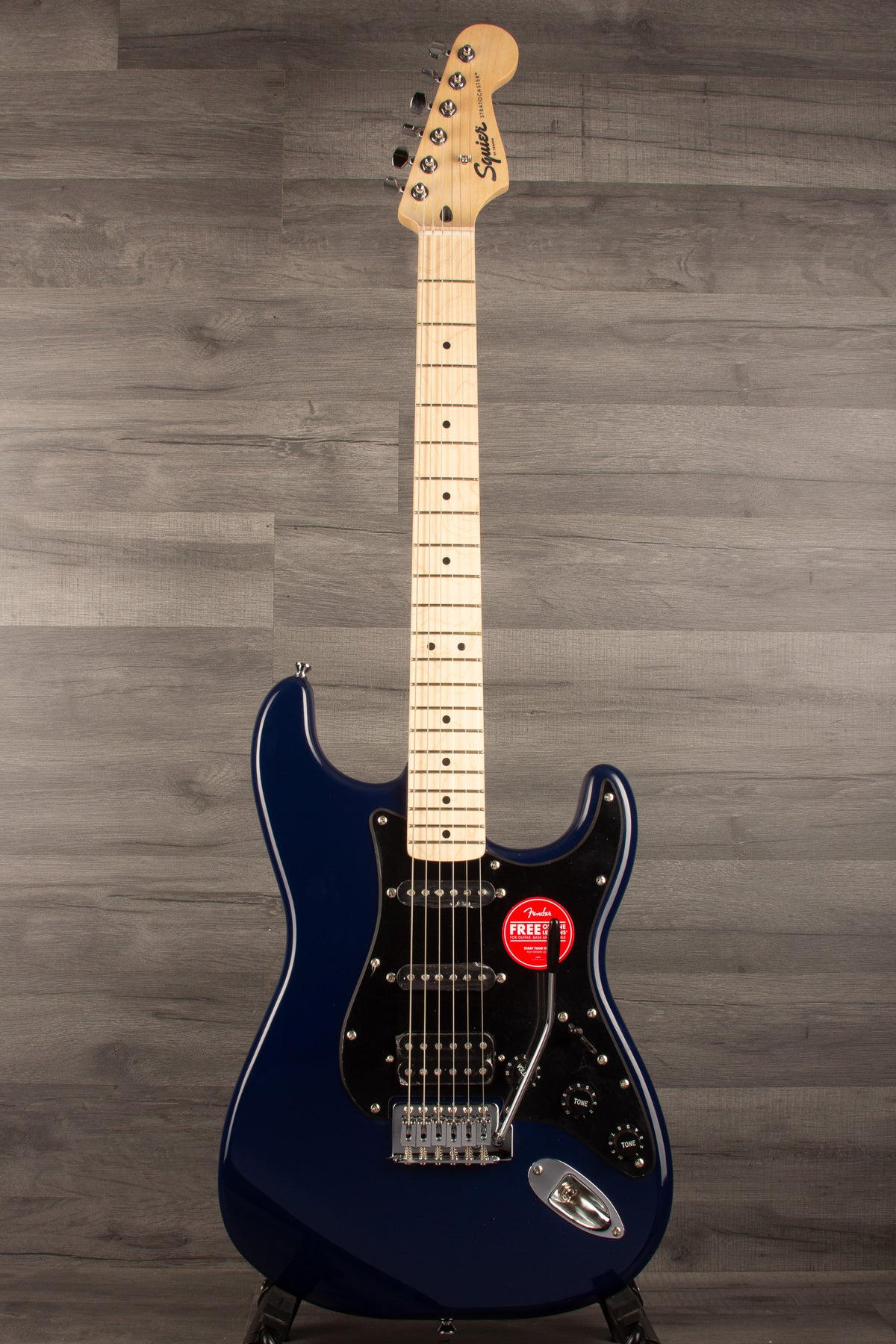 Squier Sonic Stratocaster HSS with Maple Fingerboard and Black Pickguard in Midnight Blue