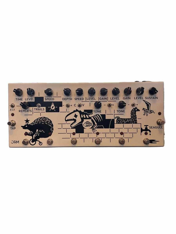 USED - Jam Pedals Pink Flow effects pedal with intricate design and controls for sound modulation.