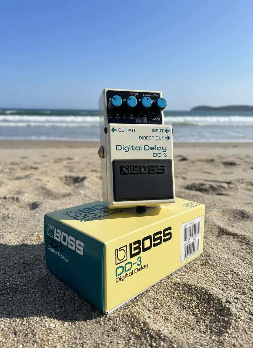 USED Boss Dd-3 digital delay pedal displayed on the beach with waves in the background.