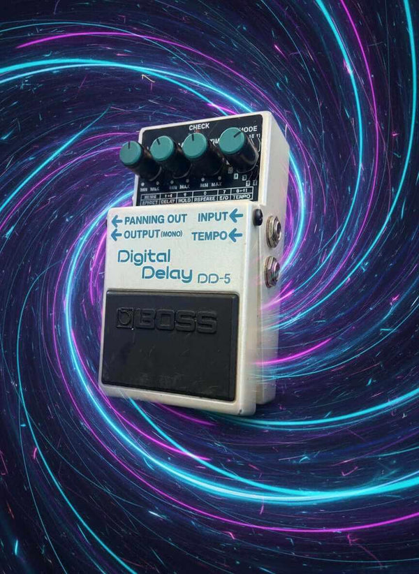 USED Boss DD-5 digital delay pedal with controls on a colorful swirl background.