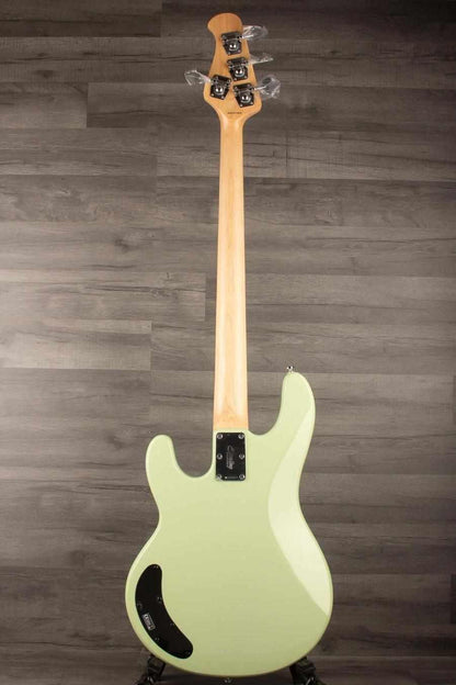 Sterling Stingray Intro series  Bass Guitar - Misty Green back view showcasing the contoured body and design.