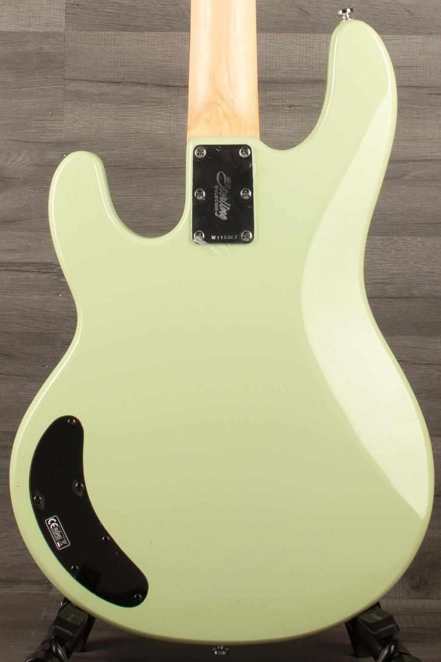 Sterling Stingray Intro series  Bass Guitar - Misty Green back view showcasing its iconic design and finish.