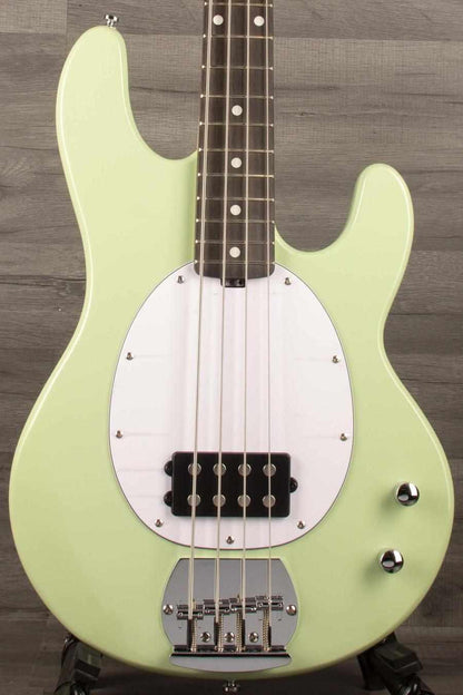 Sterling Stingray Intro series  Bass Guitar - Misty Green featuring a contoured body and ergonomic design.