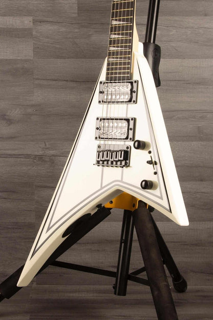 Jackson JS Series  RR JS1XM Minion Electric Guitar - Snow White with black hardware and Jackson pointed 6-in-line headstock.