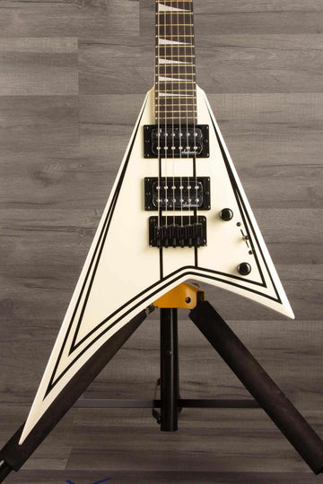 Jackson JS Series  RR JS1XM Minion Electric Guitar - Snow White with black hardware and Jackson pointed 6-in-line headstock.