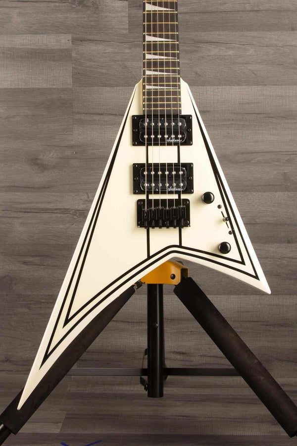 Jackson JS Series  RR JS1XM Minion Electric Guitar - Snow White with black hardware and Jackson pointed 6-in-line headstock.