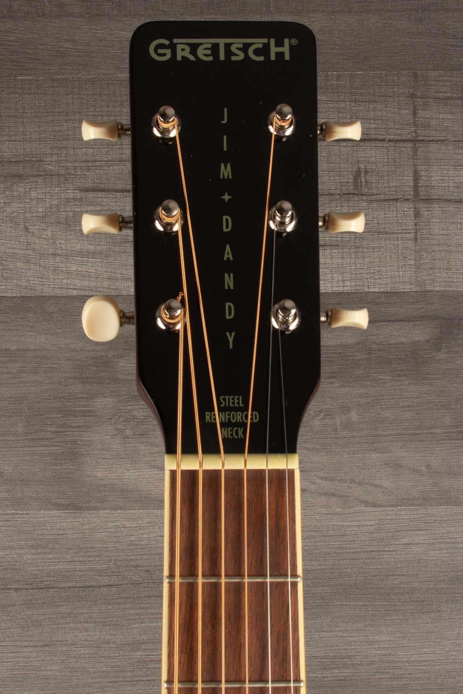 Gretsch Jim Dandy™ Concert LTD guitar headstock with steel reinforced neck and tuning pegs.
