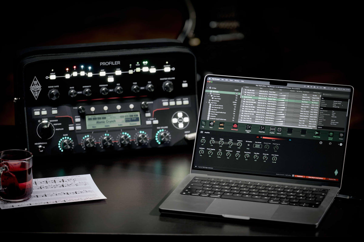 Kemper PROFILER PowerHead™ MK 2 and laptop interface for recording and multitracking with effects.