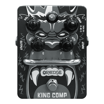 Orange King Comp pedal with adjustable knobs for volume, compression, release, and attack settings.