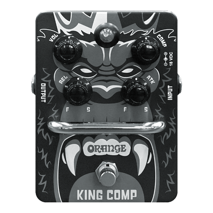 Orange King Comp pedal with adjustable knobs for volume, compression, release, and attack settings.