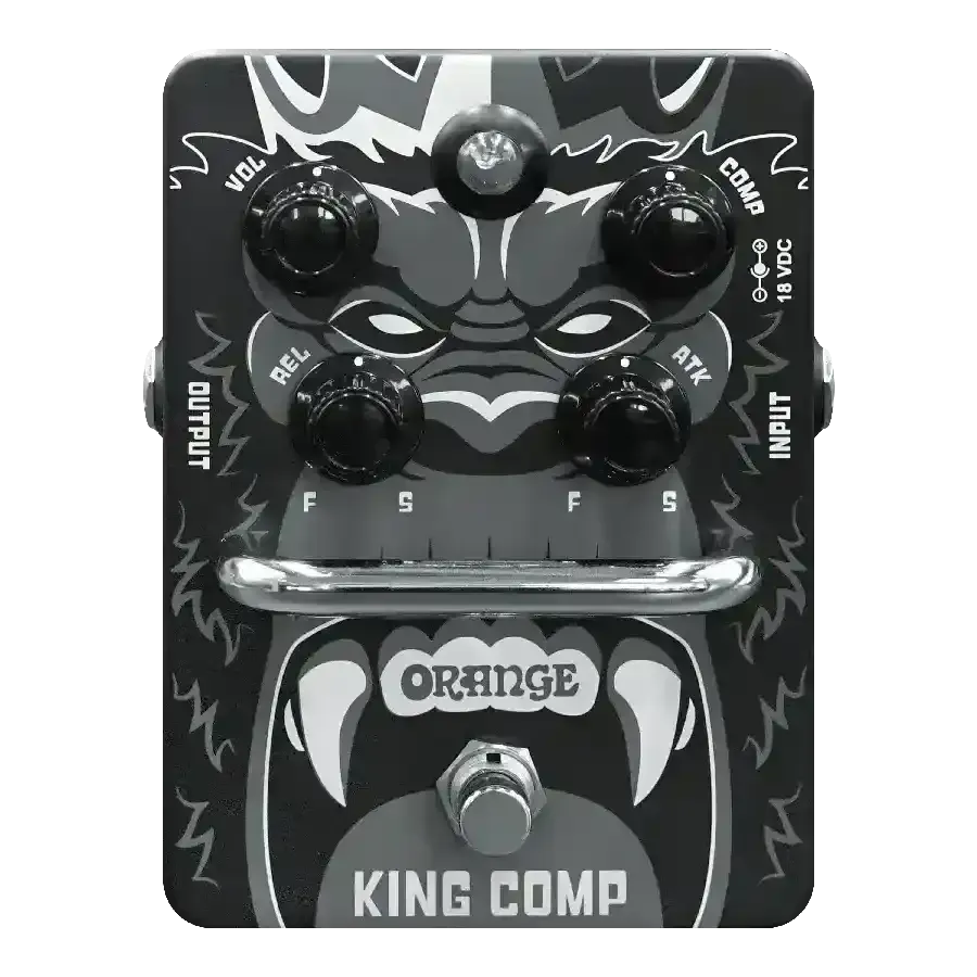 Orange King Comp pedal with adjustable knobs for volume, compression, release, and attack settings.