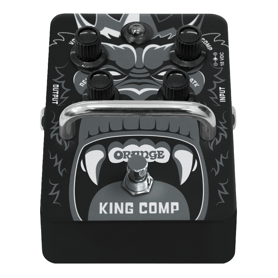 Orange King Comp compressor pedal with knobs for studio-style dynamics and low noise.