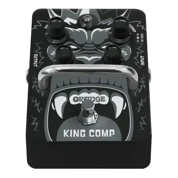 Orange King Comp compressor pedal with knobs for studio-style dynamics and low noise.