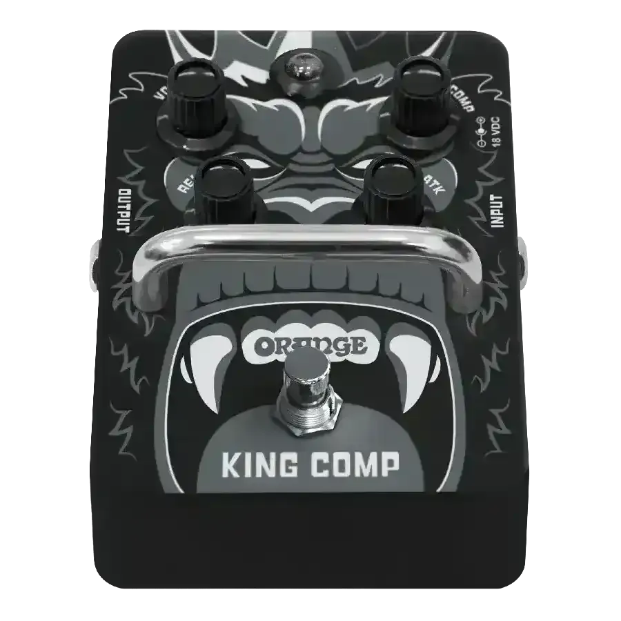 Orange King Comp compressor pedal with knobs for studio-style dynamics and low noise.