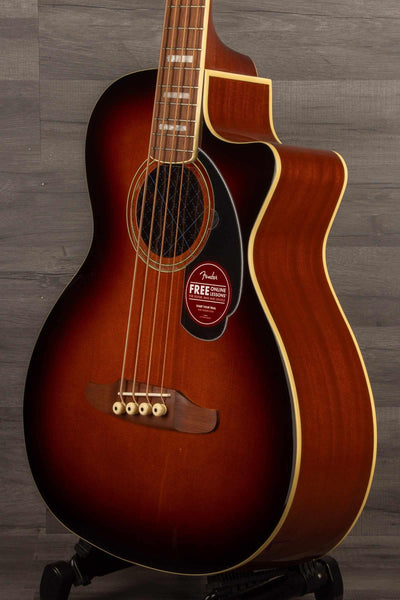 Fender Kingman™ Bass, Walnut Fingerboard, Black Pickguard, Shaded Edge Burst showcasing the elegant body design.