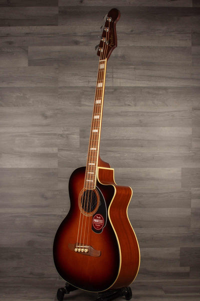 Fender Kingman™ Bass, Walnut Fingerboard, Black Pickguard, Shaded Edge Burst displayed against a wood background