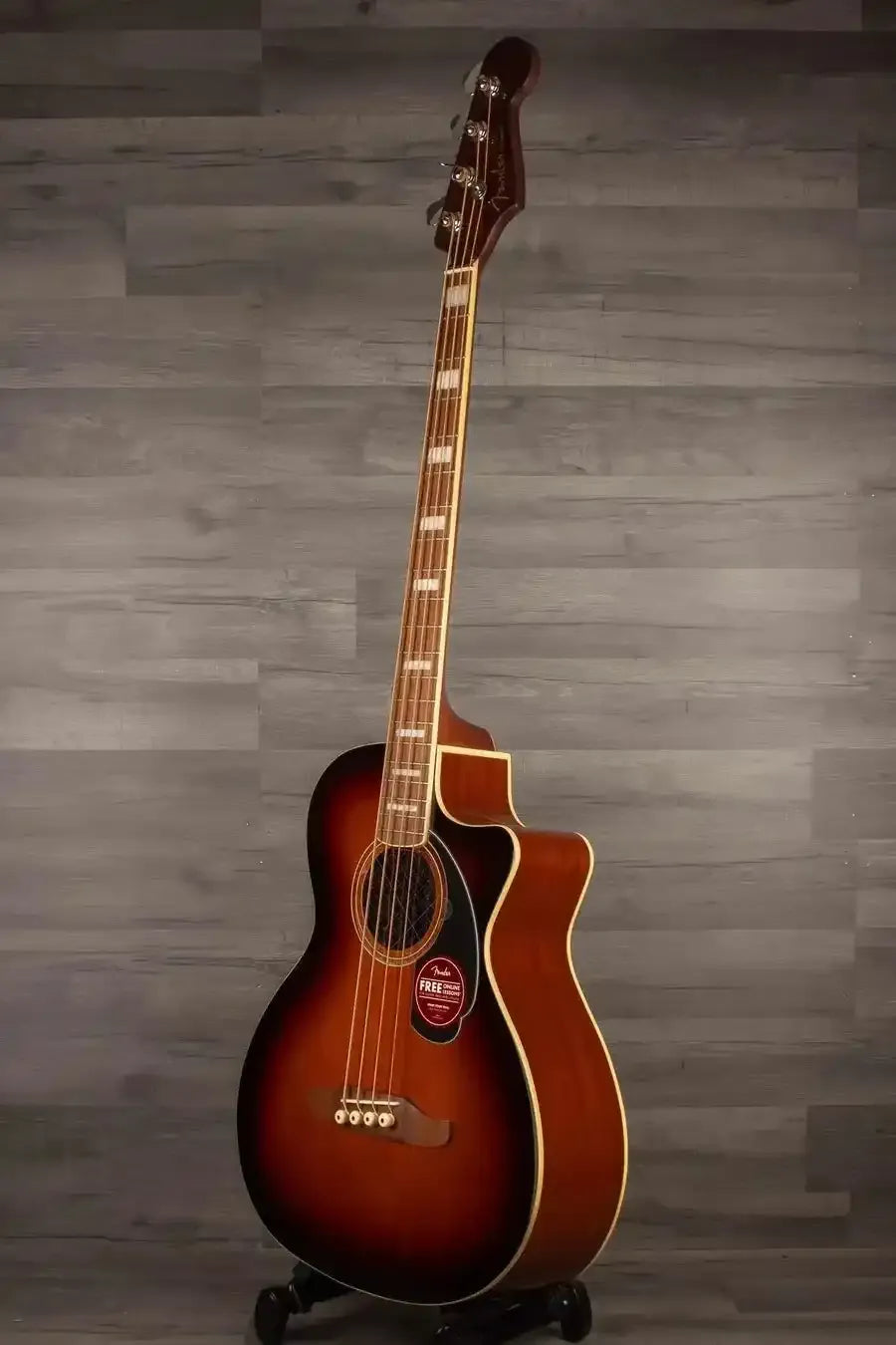 Fender Kingman™ Bass, Walnut Fingerboard, Black Pickguard, Shaded Edge Burst displayed against a wood background
