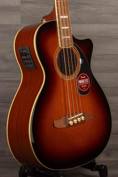 Fender Kingman™ Bass, Walnut Fingerboard, Black Pickguard, Shaded Edge Burst side view showcasing the rich color and design.